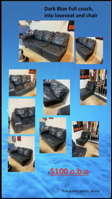 Dark Blue Full couch, into loveseat and chair 